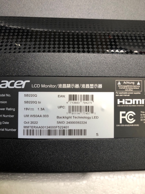 Photo 5 of Acer 21.5 Inch Full HD (1920 x 1080) IPS Ultra-Thin Zero Frame Computer Monitor (HDMI & VGA Port), SB220Q bi