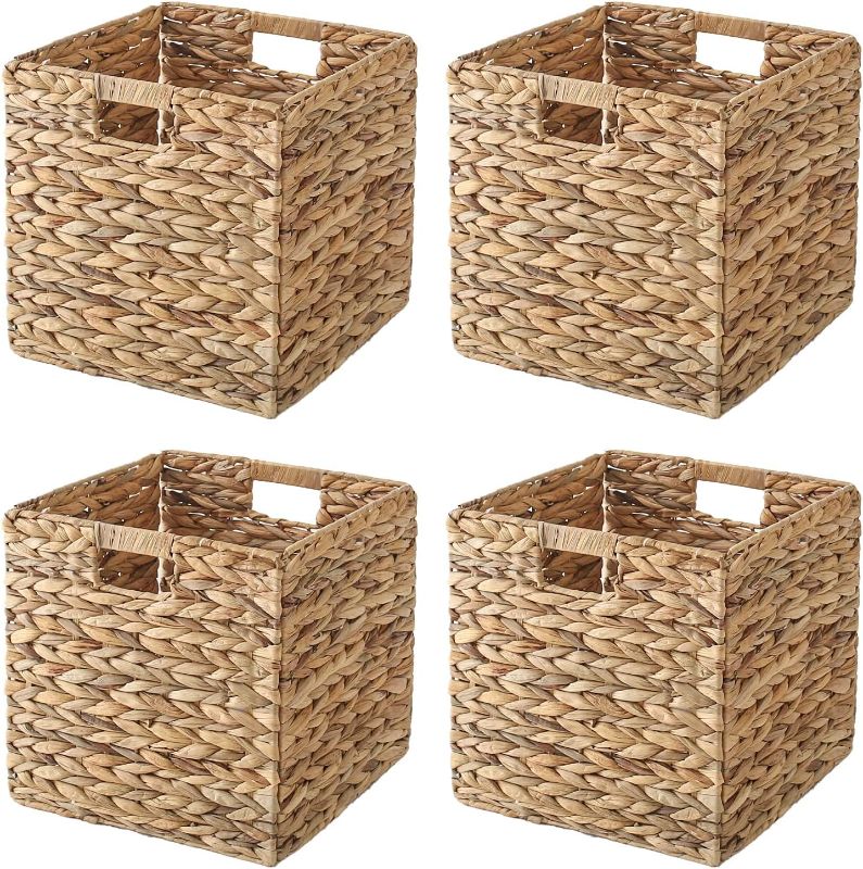 Photo 1 of 12x12in Water Hyacinth Storage Baskets, Woven Baskets for Shelving, Square Wicker Baskets for Bedroom, Living Room, Nursery (Natural 4 Packs)