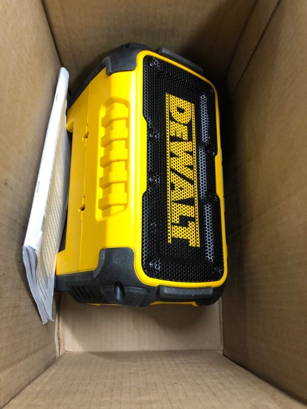 Photo 2 of 
DEWALT 20V MAX Bluetooth Speaker, 100 ft Range, Durable for Jobsites, Phone Holder Included, Lasts 8-10 Hours with Single Charge (DCR010), Yellow/Black