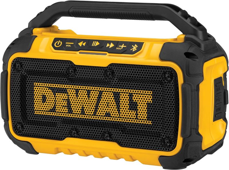 Photo 1 of 
DEWALT 20V MAX Bluetooth Speaker, 100 ft Range, Durable for Jobsites, Phone Holder Included, Lasts 8-10 Hours with Single Charge (DCR010), Yellow/Black