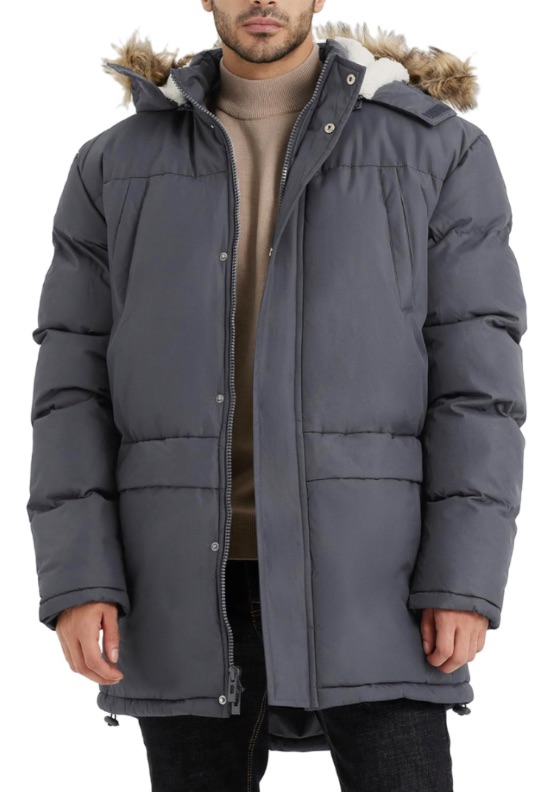 Photo 1 of Men's Long Winter Warm Coats Insulated Fleece Parka Jacket Windproof Padded Puffy Coat with Removable Fur Hood