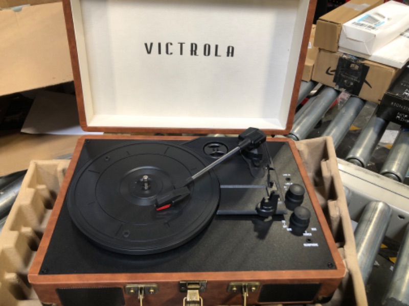 Photo 2 of **DAMAGED** Victrola Vintage 3-Speed Bluetooth Portable Suitcase Record Player with Built-in Speakers | Upgraded Turntable Audio Sound| Includes Extra Stylus | Brown Brown Record Player