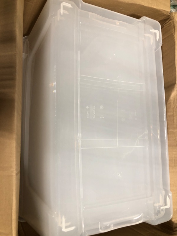 Photo 2 of ***2 PCS BROKEN***IRIS USA 72 Qt. Plastic Storage Bin Tote Organizing Container with Durable Lid and Secure Latching Buckles, Stackable and Nestable, 4 Pack, Crystal Clear 72 Qt. - 4 Pack, Crystal Clear