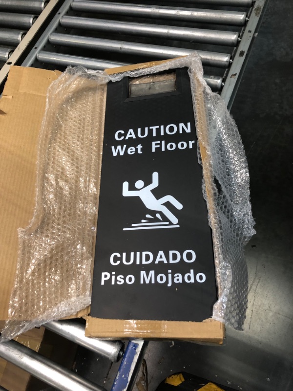 Photo 2 of Caution Slippery When Wet Sign - Premium Wet Floor Signs Stainless Steel, Metal 2-Sided Bilingual Safety Warning Sign, Ideal For Commercial Use - Black Painted Stainless Steel Black Coating Stainless Steel