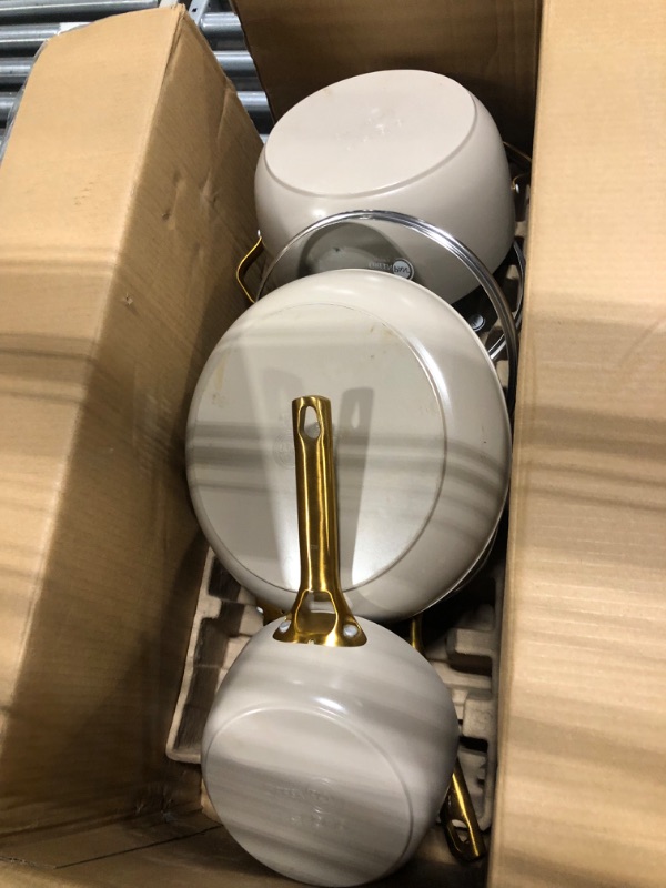 Photo 2 of **USED**GreenPan Reserve Hard Anodized Healthy Ceramic Nonstick 10 Piece Cookware Pots and Pans Set, Gold Tone Stainless Steel Handle, PFAS-Free, Dishwasher Safe, Oven Safe, Cream White 10 Piece Cookware Pots and Pans Set Cream White