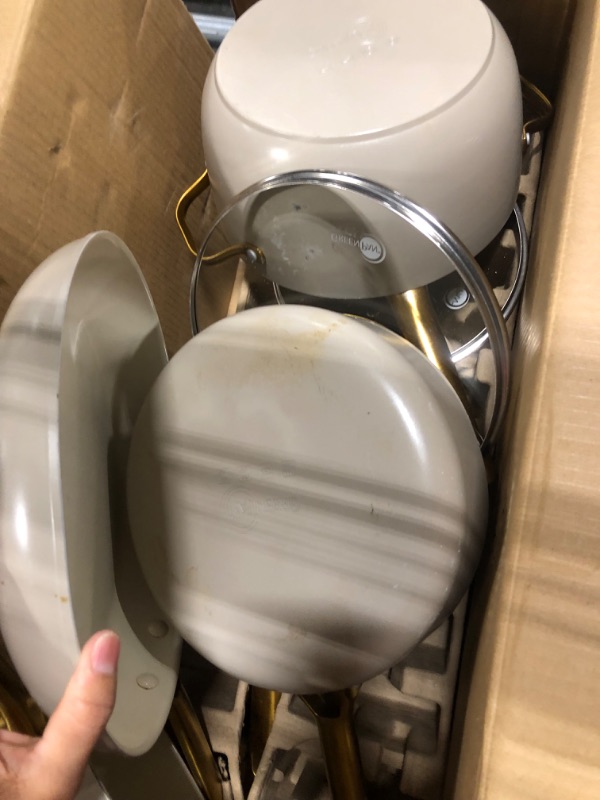 Photo 3 of **USED**GreenPan Reserve Hard Anodized Healthy Ceramic Nonstick 10 Piece Cookware Pots and Pans Set, Gold Tone Stainless Steel Handle, PFAS-Free, Dishwasher Safe, Oven Safe, Cream White 10 Piece Cookware Pots and Pans Set Cream White