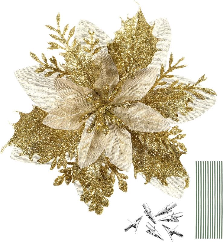 Photo 1 of 24 Pieces Christmas Glitter Artificial Poinsettia Flowers Christmas Flowers Decorations Wedding Xmas Tree New Year Ornaments (Rose Gold)