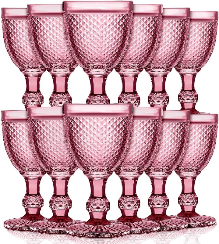 Photo 1 of 12 Pack Wine Glasses Red Wine Glass Goblets High Clear Wine Glass 10 oz Vintage Glass Goblet Embossed Diamond Design Glassware Goblet with Stem for Juice Liquor Party Wedding Bar (Claret)
