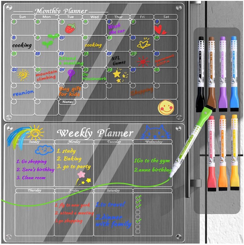 Photo 1 of Magnetic Acrylic Calendar for Fridge, 2Pcs Monthly & Weekly Dry Erase Calendar for Fridge Magnetic, Clear Magnetic Calendar for Fridge, Reusable Fridge Calendar Planning Boards with 8 Colorful Markers
