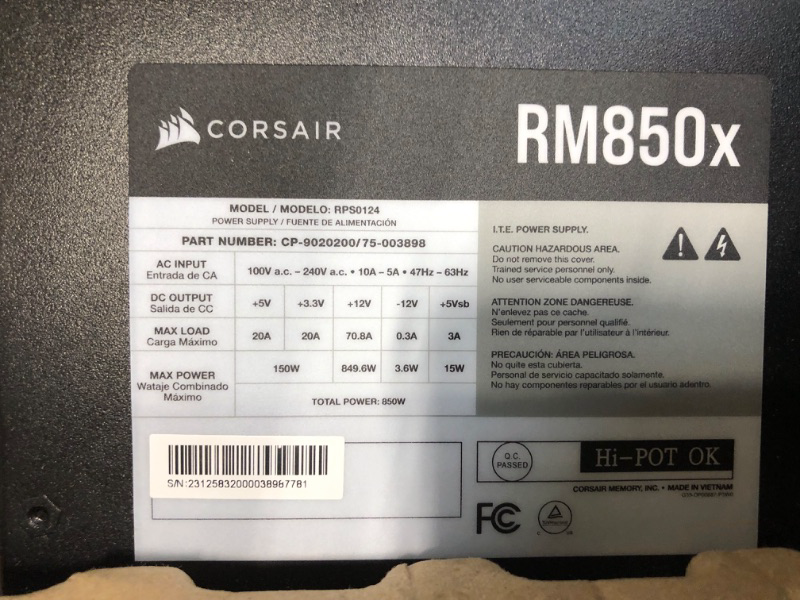 Photo 7 of Corsair RM850x (2021) Fully Modular ATX Power Supply - 80 PLUS Gold - Low-Noise Fan - Zero RPM - Black
