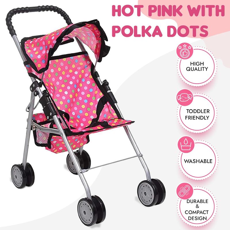 Photo 1 of fash n kolor Doll Stroller with Basket - My First Baby Doll Umbrella Stroller - Pink Polka Dot Foldable Doll Pram Baby Doll Accessories Gift Toys for Girls with 2 Free Bonus Bottles