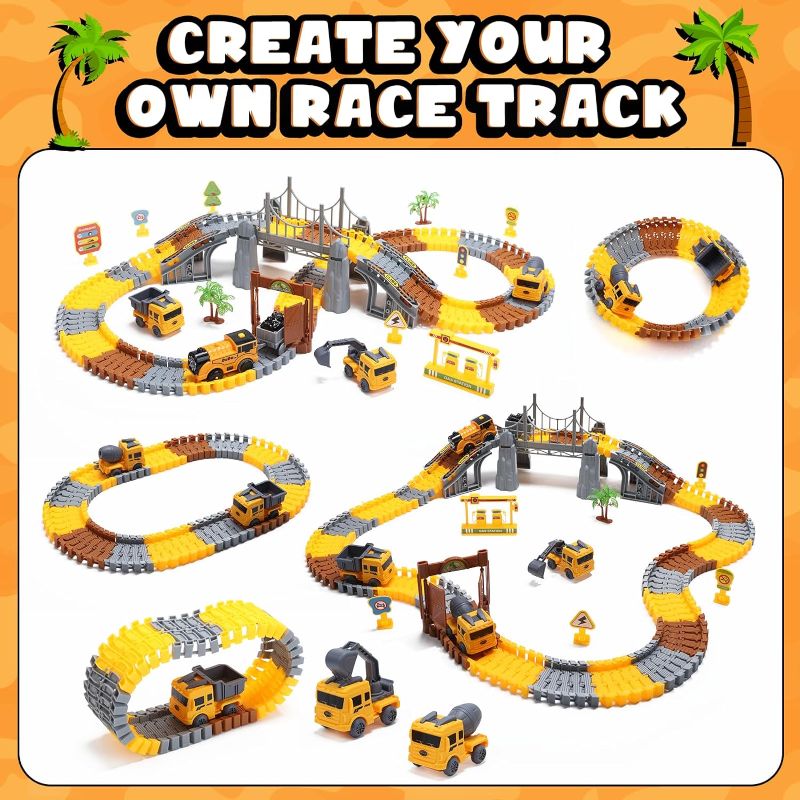 Photo 1 of Construction Toys Race Track Set 178 PCS for Kids, Flexible Train Tracks with 1 Electric Train, Excavator,Cement Truck,Loading Truck Engineering Vehicle Playset