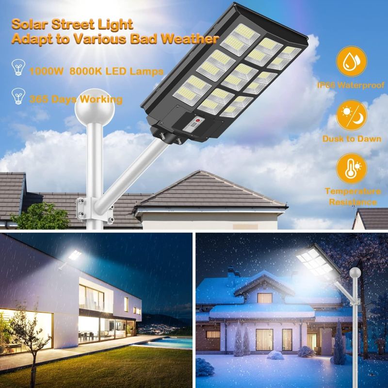 Photo 1 of 1200W LED Solar Street Light Motion Sensor, 120000LM Dusk to Dawn Solar Lights for Outside, IP65 Waterproof Solar Flood Lights Outdoor, Solar Security Lights for Garden Yard Parking Lot