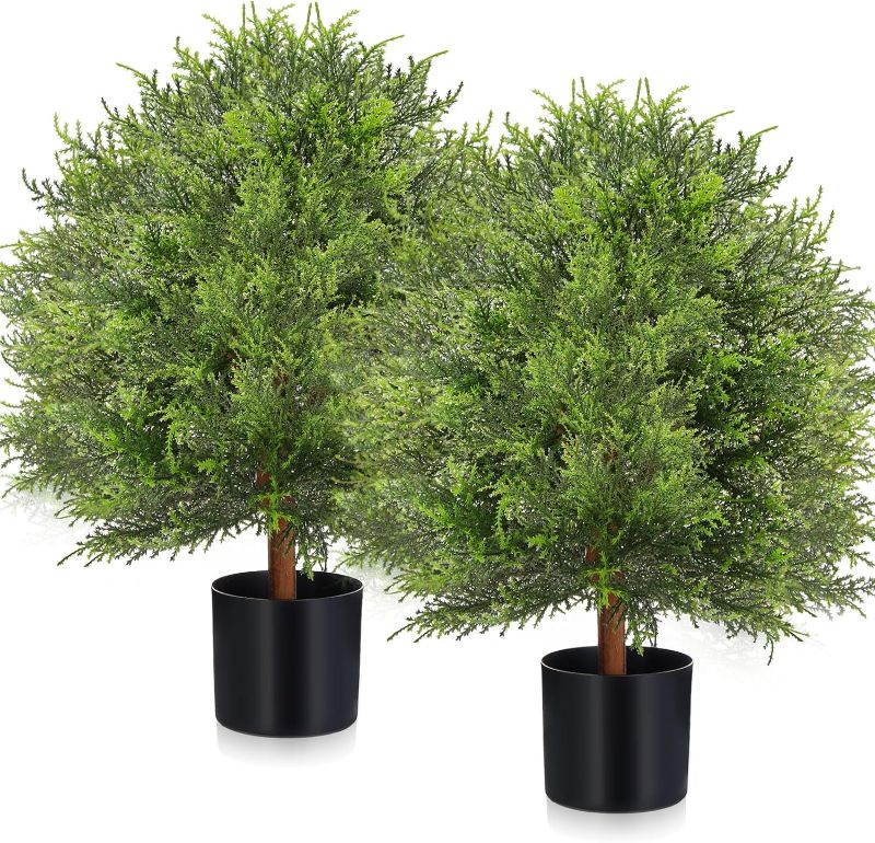 Photo 1 of 2 Pieces 20'' Artificial Cedar Topiary Ball Tree Faux Potted Plants Fake Bushes Artificial Outdoor Shrubs Fake Outdoor Topiary for Indoor Outdoor Home Garden Front Porc