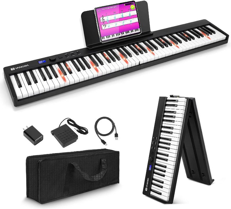Photo 1 of Folding Piano, Portable 88 Key Full Size Foldable Keyboard Piano Semi-Weighted Bluetooth with Light up Keys, Sustain Pedal and Handbag, Black