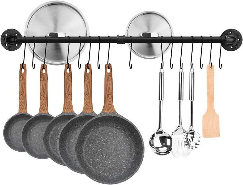 Photo 1 of  39.4 inch Pot Rack, Kitchen Wall Mounted Detachable Pan Lid Utensils Organizer Hanging Rail with 16 Hooks, Black