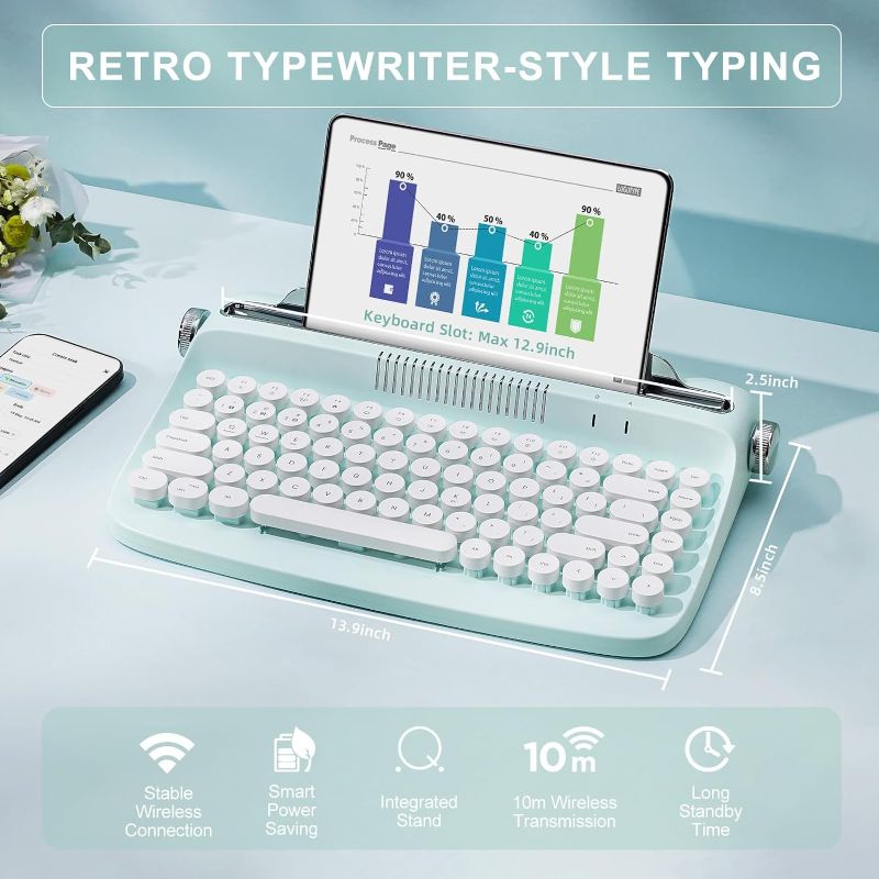 Photo 1 of ACTTO B303 Wireless Keyboard, Retro Bluetooth Aesthetic Typewriter Style Keyboard with Integrated Stand for Multi-Device (B303, Sweet Mint)