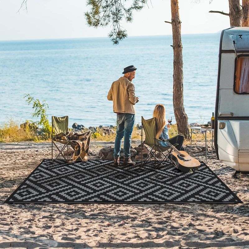 Photo 1 of  Outdoor Rug for Patio Clearance,9'x12' Waterproof Large Mat,Reversible Plastic Camping Rugs,Rv,Porch,Deck,Camper,Balcony,Backyard,Black & Gray