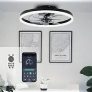 Photo 1 of 20'' Modern Low Profile Ceiling Fan with Light, Bedroom LED Ceiling Fan with Remote Control, Bladeless Flush Mount Black Fan Lights Ceiling Fixtures for Living Room,Small Room
