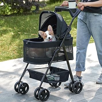 Photo 1 of 3 in 1 Folding Dog Stroller, Pet Folding Stroller, 4 Wheels Dog/Cat Puppy Stroller w/Removable Travel Carrier for Small/Medium Pet, Waterproof Pad, Car Seat, Sun Shade