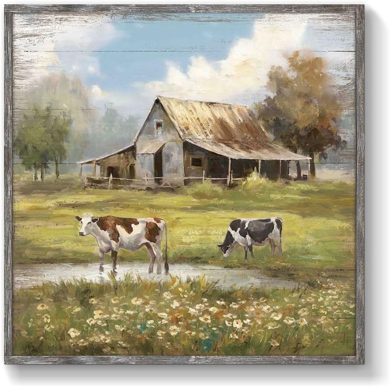 Photo 1 of Farmhouse Barn Wooden Wall Art: Rustic Cow Framed Artwork Country Greenfield Bedroom Painting Countryside Picture Ready to Hang Decoration for Living Room Kitchen Office