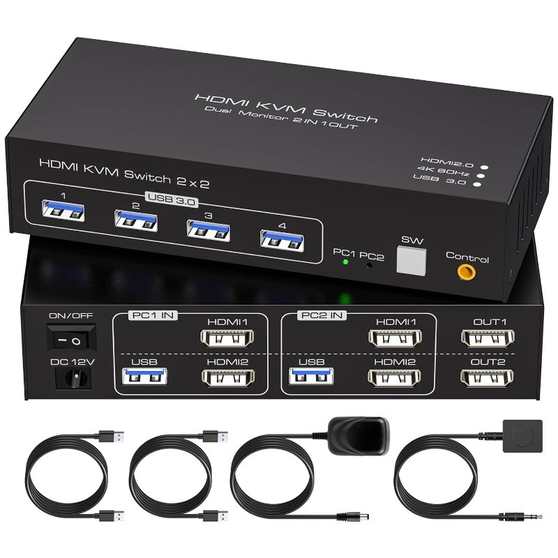 Photo 1 of HDMI Dual Monitor KVM Switch 2 Monitors 2 Computers 4K@60Hz USB 3.0 KVM Switches for 2 PC or Laptops Share 1 Set of Keyboard Mouse Printer and Scanner Support Extended & Duplicate Mode