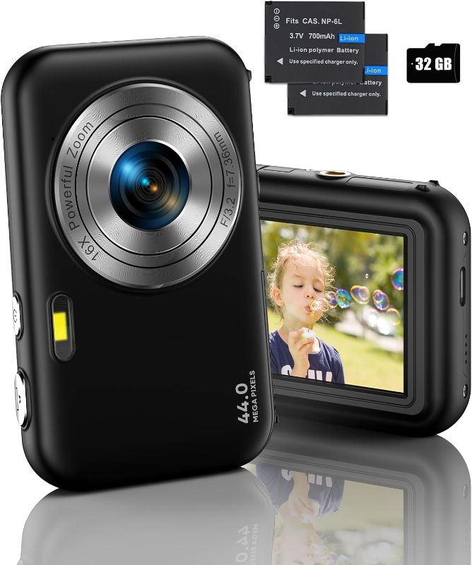 Photo 1 of Digital Camera, FHD 1080P Camera for Kids, 16X Digital Zoom Camera for Cheap, Compact Point and Shoot Camera Portable with 32GB SD Card, Two Batteries, Small Camera for Boys Girls Kids(Black)