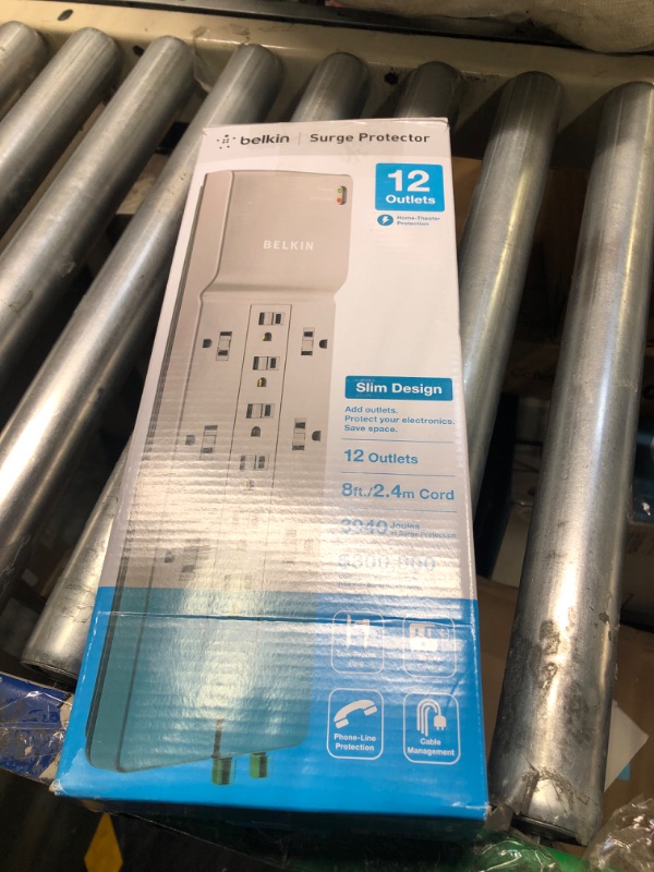 Photo 2 of Belkin Power Strip Surge Protector - 12 AC Multiple Outlets & 8 ft Long Flat Plug Heavy Duty Extension Cord for Home, Office, Travel, Computer Desktop, Laptop & Phone Charging Brick (3,940 Joules) 1 Pack