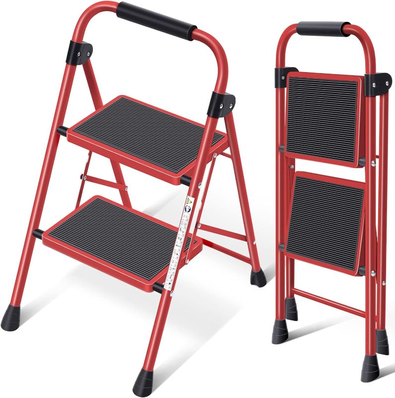 Photo 1 of KINGRACK 2 Step Ladder, Folding Step Stool with Anti-Slip and Wide Pedal, Lightweight Stepladder with Handrails, Portable for Kitchen, Household, Red