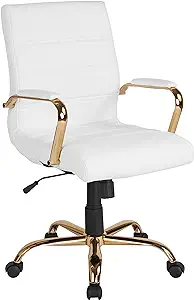 Photo 1 of Flash Furniture Mid-Back White LeatherSoft Executive Swivel Office Chair with Gold Frame and Arms