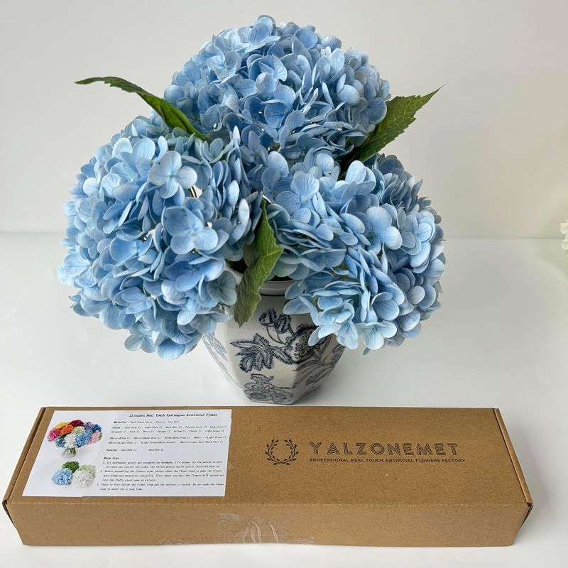 Photo 1 of 3 Pcs 21’’ Graduated Blue Artificial Hydrangea Real Looking Lifelike Real Touch Faux Long Stem Big Hydrangea for Home Party Outdoor Christmas Decor Table Centerpiece