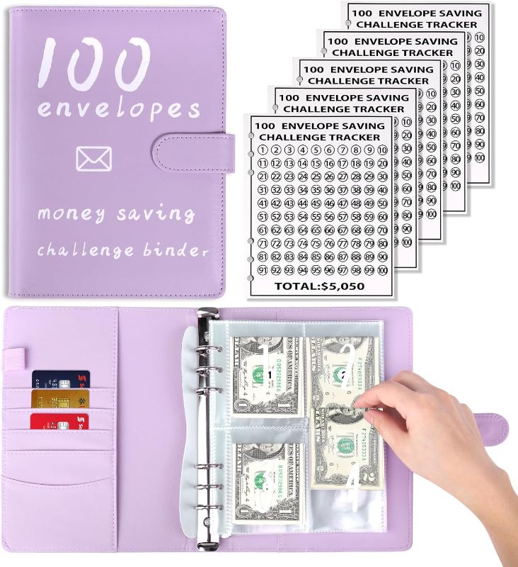 Photo 1 of AIERSA 100 Envelopes Money Saving Challenge Binder Kit, Fun Budget Binder Book Organizer with Cash Envelopes for 100 Day Cash Stuffing, Budgeting, Money Saving Box Replacement, 1 Set Purple 100 Envelopes Challenge purple