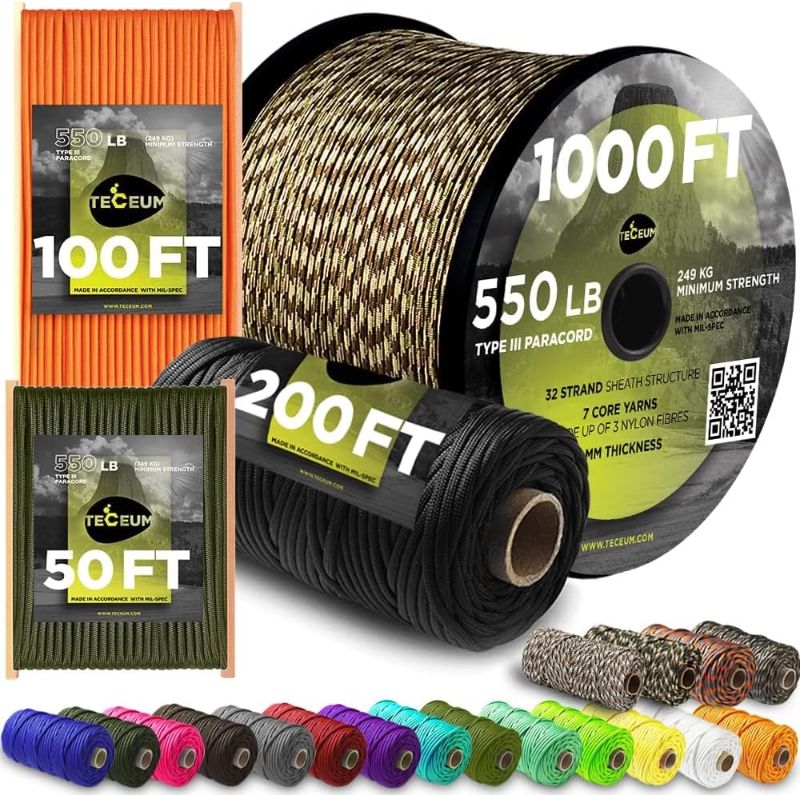 Photo 1 of ***product similar to the original photo*** TECEUM Paracord 550 lb – Ideal for Crafting, DIY Projects, Camping, Military & Active Outdoors – 40+ Colors – Tactical Parachute Cord Type III – Strong Survival Rope Desert Camo 50 ft