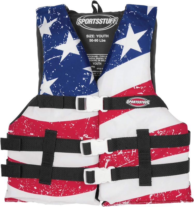 Photo 1 of ***product similar to the original photo*** AIRHEAD Child Type III Life Jacket US Coast Guard Approved Open Sides with 3 Body Belts & Buckles Quick Dry Fabric, Secure Fit, Comfortable Stars & Stripes 