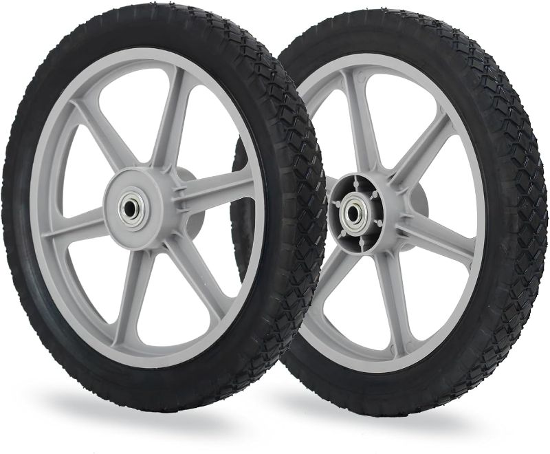 Photo 1 of 14 x 1.75'' Rubber Tire and Spoked Plastic Wheel, 2.5" Hub Length, 1/2" Axle Bore, for Lawn mower Trolley Dolly Wheel Replacement, 2 Pack