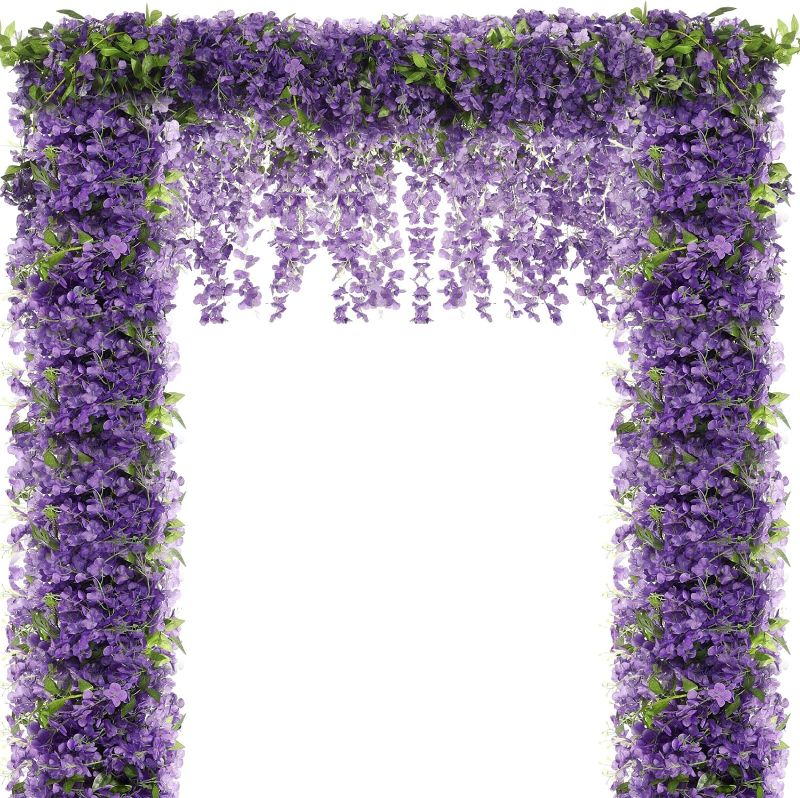 Photo 1 of 15 Pcs 6.6' Per Piece Fake Silk Wisteria Garland Hanging Artificial Flowers Wisteria Vine Floral Wedding Backdrop Flower Vines Proposal Decorations for Outdoor Garden Birthday Arch (Purple)