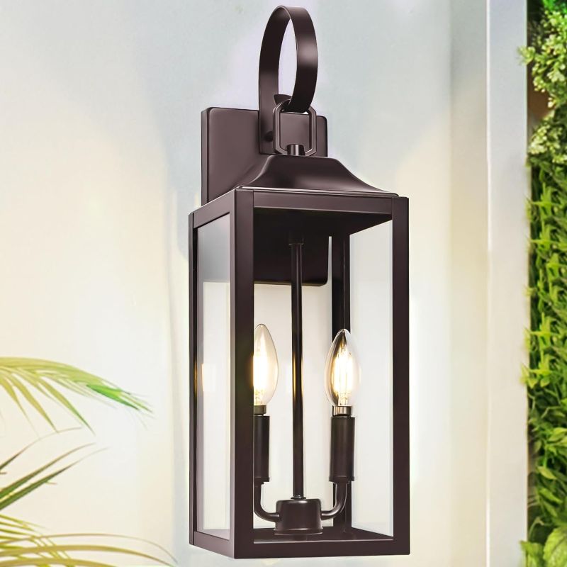 Photo 1 of 19" Oil Rubbed Bronze Outdoor Wall Lantern 2-Light, Large Outside Modern Wall Sconce Light Fixture, Brown Porch Light Wall Mount with Glass, Waterproof Farmhouse Exterior Lamp Lighting