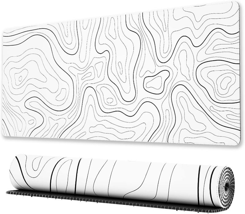 Photo 1 of Ovenbird Large Gaming Mouse Pad with Stitched Edges, Minimalist Topographic Map Desk Mat, Extended XL Mousepad with Anti-Slip Base, Cool Desk Pad for Keyboard and Mouse, 35.4 x 15.7 in, White X-Large (35" x 16") White Map