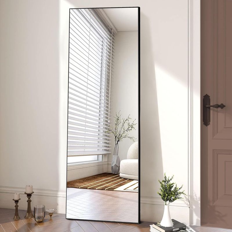 Photo 1 of *Similar Item* Full Length Mirror 64"x21" for Bedroom, Full Body Mirror with Stand, Hanging or Leaning for Wall, Aluminum Alloy Thin Frame Floor Standing for Living Room, Tall, Black