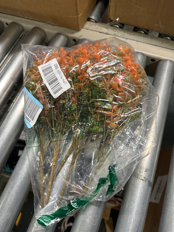 Photo 1 of 5 PCS Fall Artificial Flowers UV Resistant Plants Fall Decorations, Faux Plastic Eucalyptus Greenery Shrubs Fake Plant Autumn Indoor Outdoor Home Fireplace Garden Thanksgiving Decor(Fall Orange)