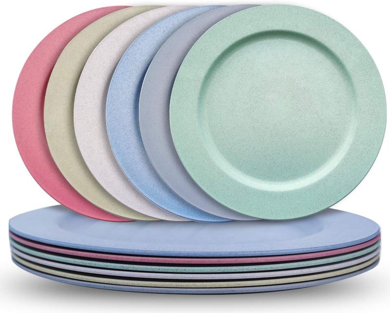 Photo 1 of 10 Inch Wheat Straw Flat Plastic Plates Set (6 Dinner Plates) - Dishwasher & Microwave Safe - Unbreakable Reusable Lightweight Eco Friendly & BPA Free Dinnerware - Dishes for Kids & Adults