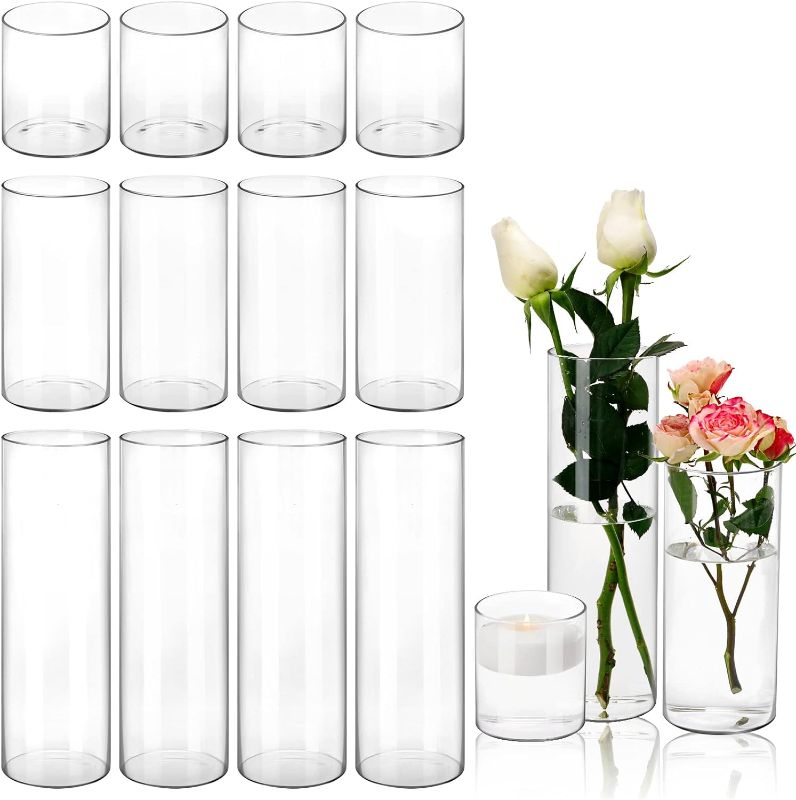 Photo 1 of CUCUMI 15pcs Glass Cylinder Vase Hurricane Candle Holder Clear 3 Different Sizes Tall Clear Vases for Wedding Centerpieces Glass Flower Vase for Home Decor Party 4, 8, 12 Inches in Height