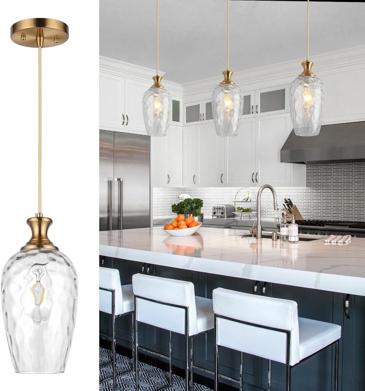 Photo 1 of Glass Pendant Lights Kitchen Island, 1 Light Vintage Hammered Clear Glass Hanging Light Fixtures Farmhouse Brass Pendant Light for Kitchen Sink Dining Room, Gold, E26