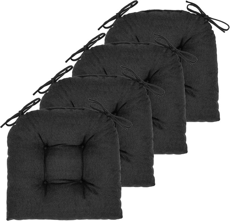 Photo 1 of Chair Cushion, 4 Pack Chair Cushions for Dining Chairs, Chair Pads and Mat with Ties for Indoor Kitchen Seat and Desk (4 Count - 17 x 16 in, Black)