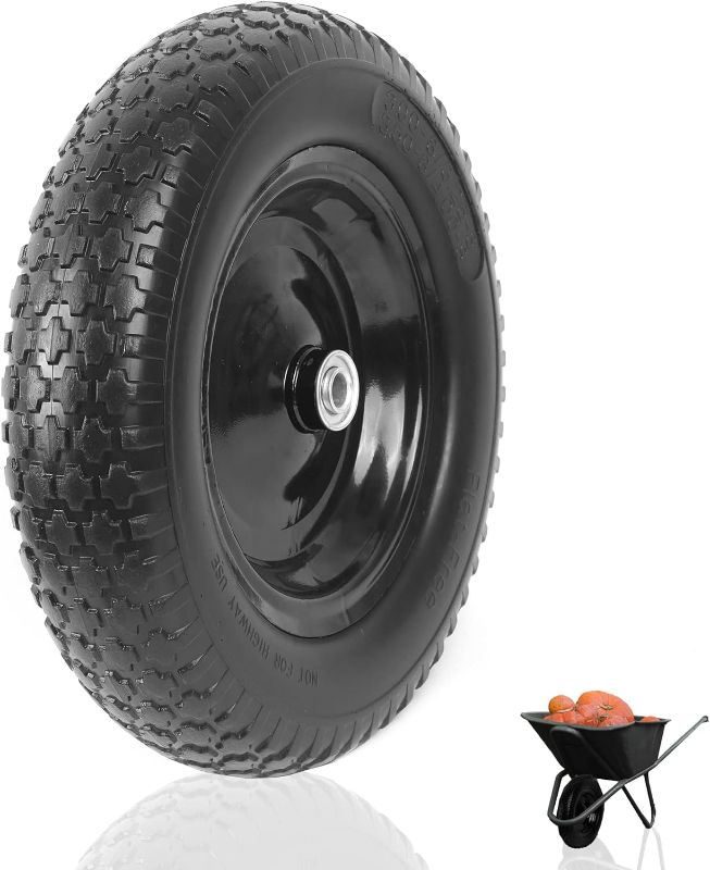 Photo 1 of 4.80/4.00-8" Flat Free Tire and Wheel - 16 Inch Solid Rubber Wheelbarrow Tires with 5/8" and 3/4" Ball Bearings, 3" Centered Hub (Extra Adapter kit Includes Bearing, 1" and 1/2" Nylon Spacers)