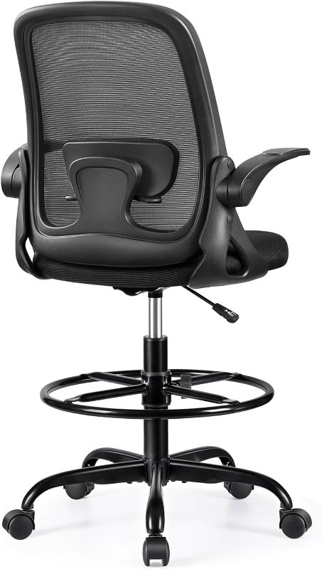 Photo 1 of Drafting Chair Tall Office Chair Ergonomic Desk Chairs with Lumbar Support and Flip-up Armrests, Adjustable Height Comfy Computer Chair with Swivel Task and Adjustable Foot Ring(Black)