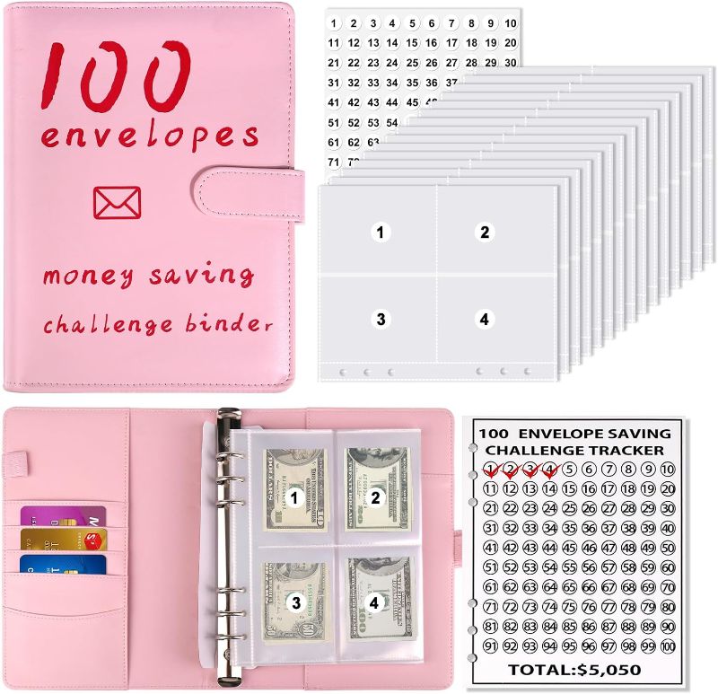 Photo 1 of Vodolo 100 Envelopes Money Savings Challenge Book, Budgeting Binder and Cash Saving Kit with Pouches, Family Emergency Binder (Pink) pink 100 day challenge