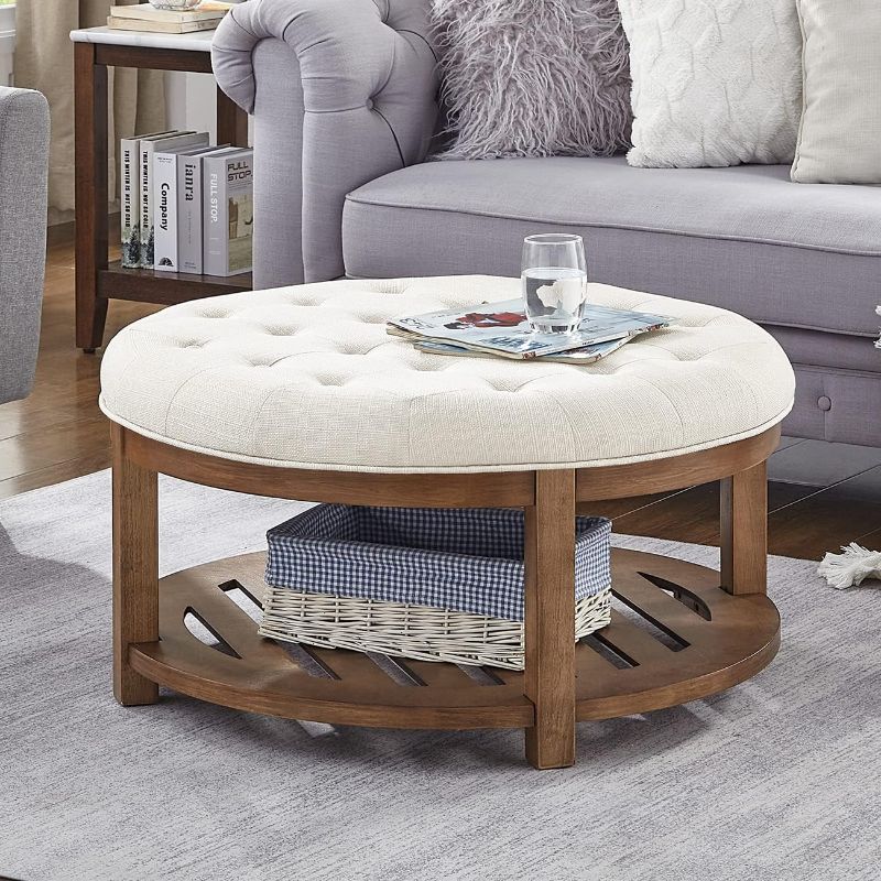 Photo 1 of 24KF Large Round Upholstered Tufted Linen Ottoman Coffee Table, Large Footrest Ottoman with Wood Shelf Storage-Ivory Round Ottoman with Shelf Ivory Ottoman With Shelf