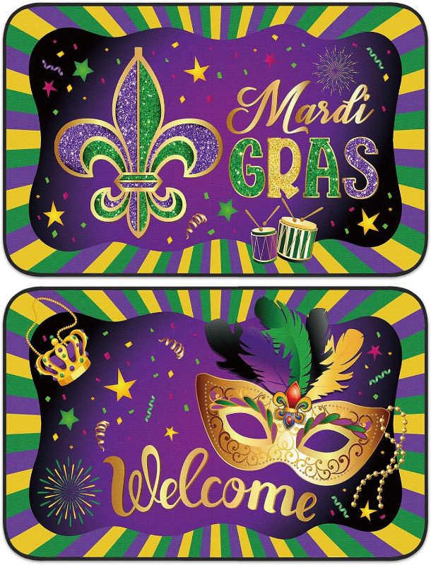 Photo 2 of 2 Pcs Mardi Gras Doormat Non Slip Entrance Carnival Seasonal Welcome Mat 28 x 16 Inches Washable Outdoor Rugs Mardi Gras Door Mat for Indoor Front Door Kitchen Entryway Balcony Decor, 2 Designs