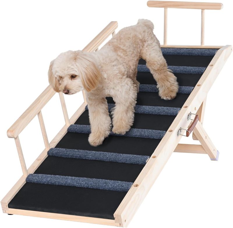 Photo 1 of 
Dog Ramp, Folding Pet Ramp for Bed, Adjustable Dog Ramp for Small, Large, Old Dogs & Cats, Wooden Pet Ramp with 47.2" Long Ramp, Adjustable from 13.8" to 27.6", Suitable for Couch, Sofa, Car USED